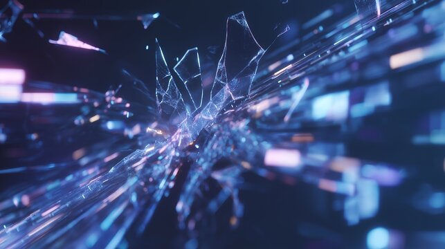 Digital screen fragments glitching on a futuristic interface, neon shards of broken pixels rearranging into a distorted holographic display — sci-fi UI design, tech malfunction aesthetics, and - Powered by Adobe