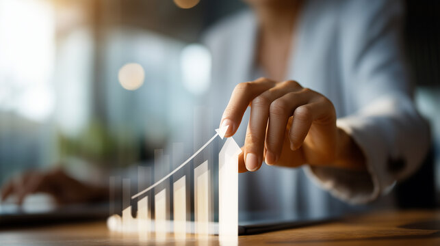 Professional pointing at upward trend arrows with bar charts financial growth analytics market success indicators business intelligence dashboard performance optimization