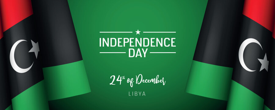 Libya independence day vector banner, greeting card. Libyan wavy flag in 24th of December national patriotic holiday horizontal design - Powered by Adobe