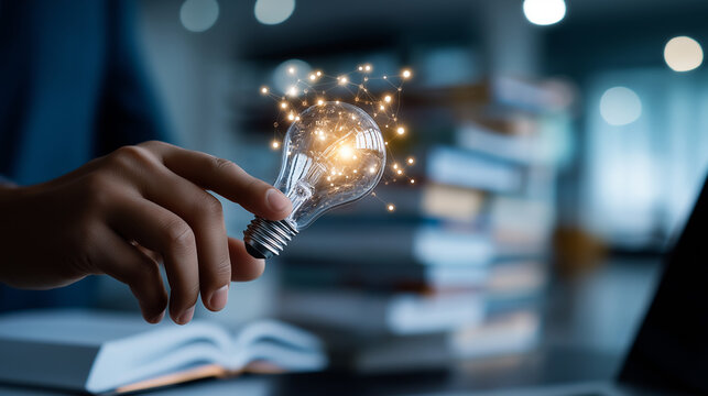Hand touching AI light bulb icon with education interface artificial intelligence in learning smart education platform innovative e learning technology digital knowledge system