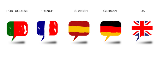 flags of the world,  ink brush strokes on cotton paper. Set of five european flags speech bubbles. Portuguese, French, Spanish, German, English language concept.