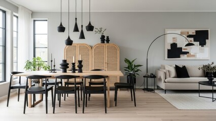 Contemporary dining room and living room showcasing modern home decor and design elements
