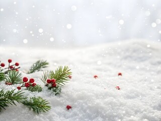 Winter snowfall with festive red berries and pine branches