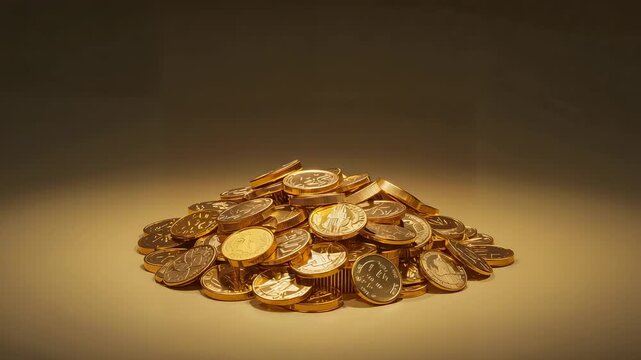 Lighting shifting and camera zooming, coin pile moving closer on tabletop, spotlight glinting rims
