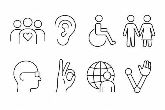 Icon Set: A collection of simple, line-drawn icons conveying themes of inclusion, diversity, accessibility, and awareness. Representing various facets of human experience and promoting unity