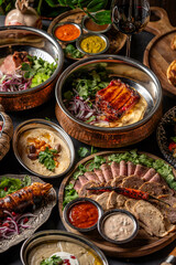 Assorted rustic meat dishes with sauces and hummus