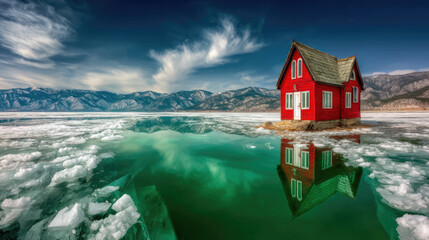 Solitary red house reflected in icy green water with snowy mountains