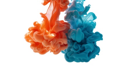 Two Colorful Ink Clouds of Orange and Blue Mixing Together in Transparent Background Creating Dynamic Visual Effect in Abstract Style