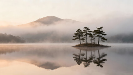 Misty lake with trees on small island