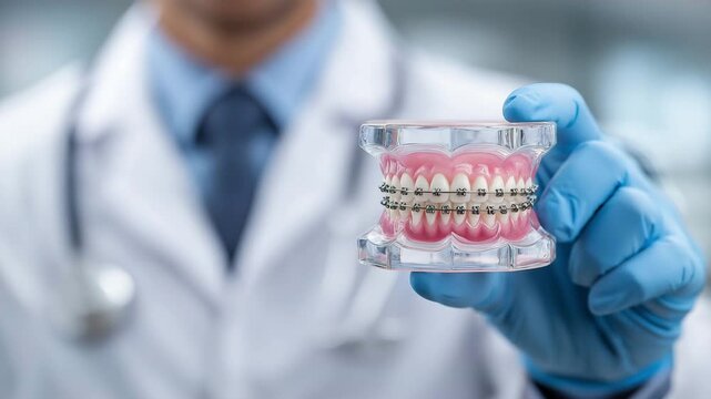 A model of teeth with braces for orthodontic therapy is shown by the doctor.