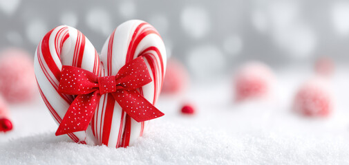Candy canes form heart shape adorned with red bow, creating festive and cheerful atmosphere perfect for Christmas. soft snow background enhances holiday spirit