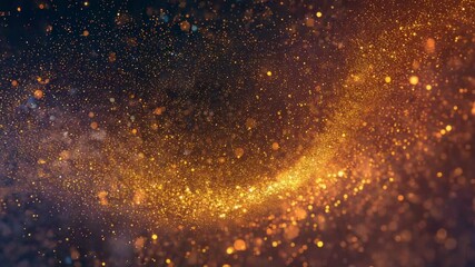 Animating golden particle arc brightening at navy-purple backdrop, moving to warm-right bokeh - Powered by Adobe