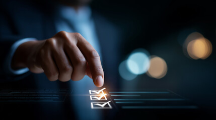 Business hand on digital checklist with task approval visualization project tracking interface completion verification system workflow monitoring dashboard productivity