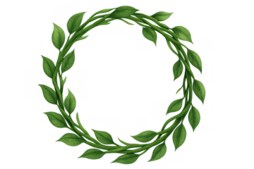 Green leaf vines forming a circular frame, natural plant wreath template with copy space on transparent background
