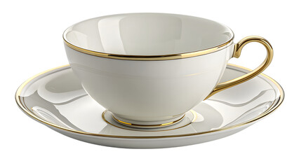 White porcelain coffee cup and saucer with gold pattern isolated on white
