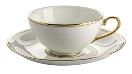 White porcelain coffee cup and saucer with gold pattern isolated on white