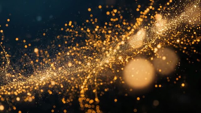 Growing slanted ribbon of golden particles evolving over five frames across black void, with bokeh