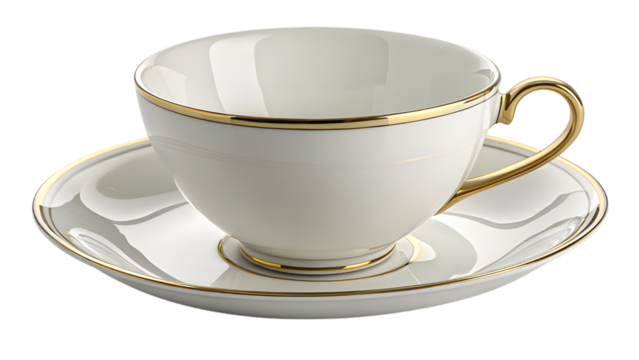 White porcelain coffee cup and saucer with gold pattern isolated on white