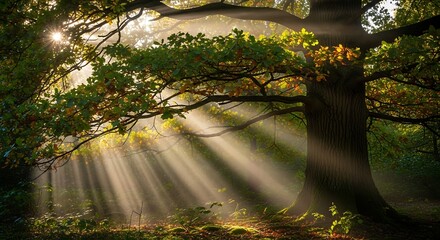 Sunlight filtering through a dense forest canopy, creating beautiful light rays.
