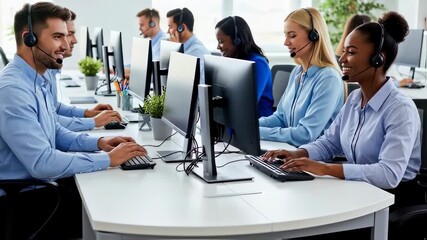 Smiling Diverse Customer Service Team Working in a Modern Call Center Office