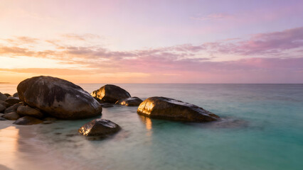 Rocky beach at sunset
