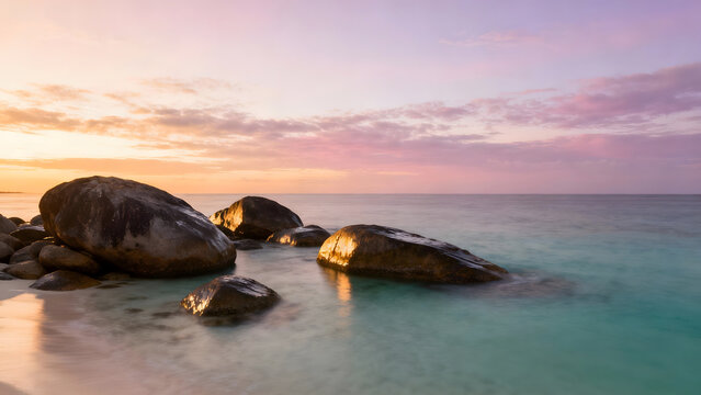 Rocky beach at sunset
