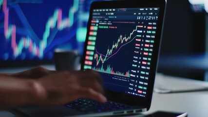 Trader analyzing stock market data and financial graphs on a laptop screen with hands typing on the keyboard and a blurred background monitor. - Powered by Adobe