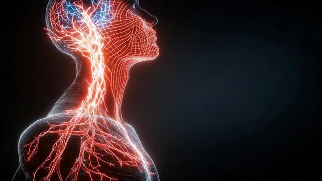 Human Body Silhouette with the Nervous System Glowing in Red and Blue