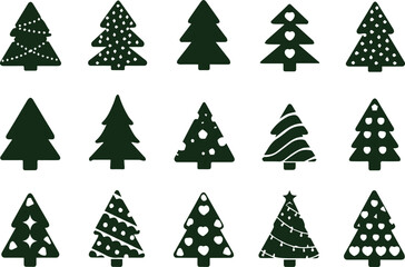 Christmas tree silhouette icons elegant festive drawing clip art collection in white background for xmas season pine tree flat icon set