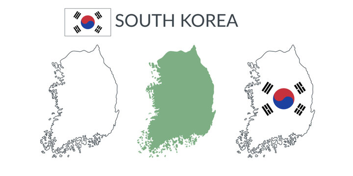 South Korea geographical borders isolated on white background. Flag of South Korea. Vector flat cliparts.