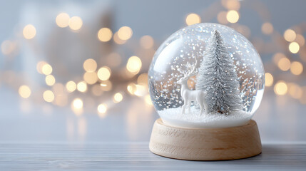 Beautiful snow globe featuring white deer and snowy tree creates magical Christmas background filled with soft bokeh lights. This enchanting scene captures spirit of holiday season