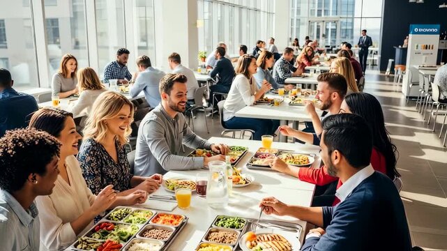 Diverse Business Professionals Eating Healthy Lunch and Socializing in Modern Office Cafeteria