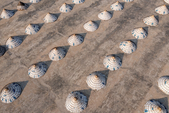 Aerial view of a field filled with traditional conical hats casting shadows, creating a patterned landscape of light and shade, Bhairab, Dhaka Division, Bangladesh.