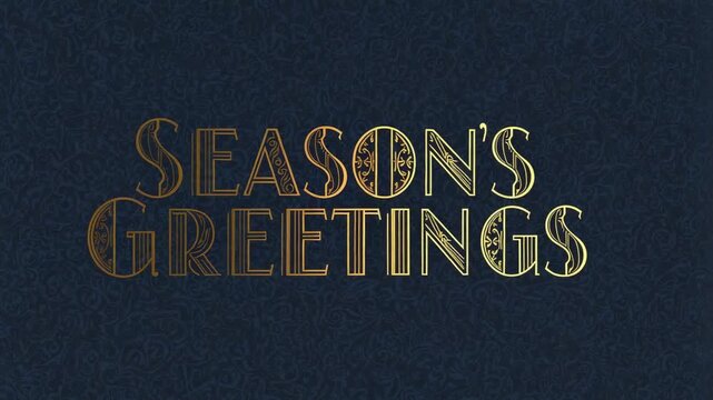 Light sweep passing, centered gold headline brightening to reveal SEASON'S GREETINGS on navy damask