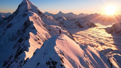 Epic wide shot of a triumphant mountaineer standing on a snowy peak with arms raised, celebrating success above a stunning sea of clouds at sunrise, symbolizing achievement and adventure.