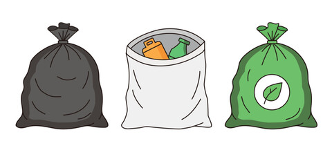 Three different waste bags including black trash, white recycling, and green compost with a leaf icon for proper sorting