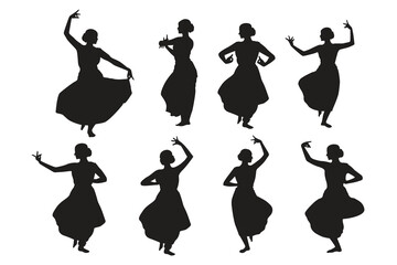 Vector illustration of Indian female dancers in traditional silhouette poses.