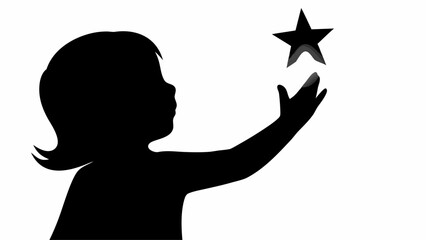 Silhouette of a child reaching for a star with their hand in a black and white illustration style
