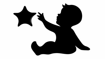 Silhouette of a baby reaching for a star shaped object in a black and white illustration style image