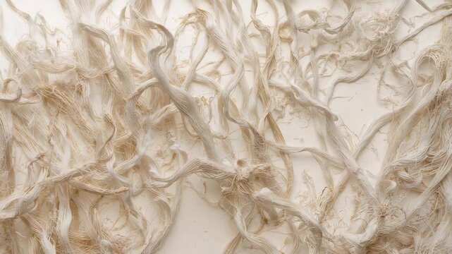 Moving tangled fibers settling after slight camera shift on soft backing, showing frayed ends