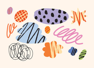 Set of colorful abstract scribbles, shapes, and hand-drawn textures with playful brush strokes and patterns. Modern collage background elements in doodle style.