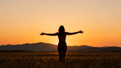 Fototapeta premium Silhouette of woman with open arms at sunset