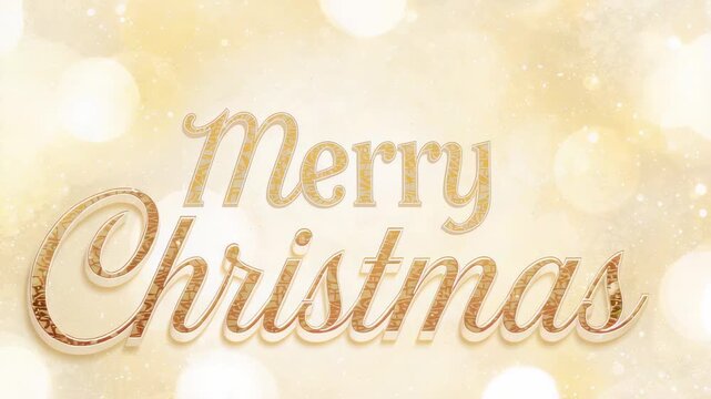 Animating gold script Merry Xmas as card, bokeh pulsing, glitter drifting, 3D shadow shifting