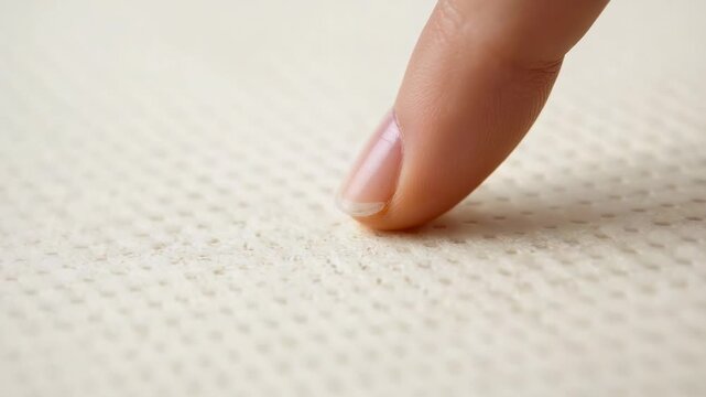 Lowering single fingertip, pressing on dotted off-white mattress cover, testing texture, copy space