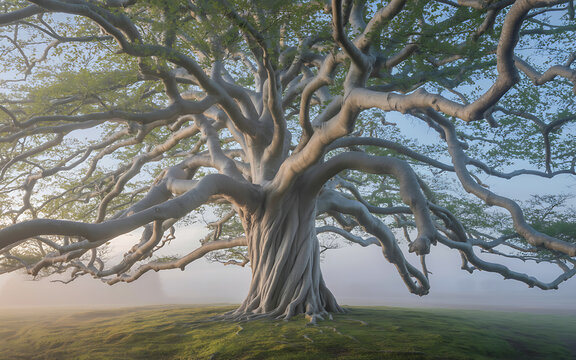 Majestic Old Beech Tree With Twisted Branches In Morning Mist