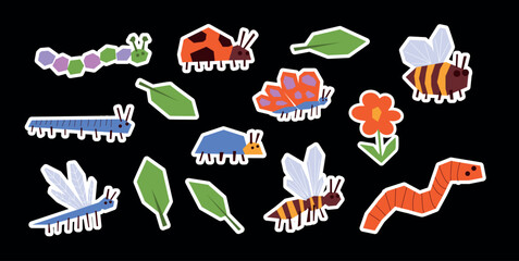 Childlike Colourful Insects with Butterfly, Caterpillar, Bee, Beetle and Worm. sticker elements. Geometric Childish Bug Cartoon shapes. kids decor. Flat Vector Illustration.