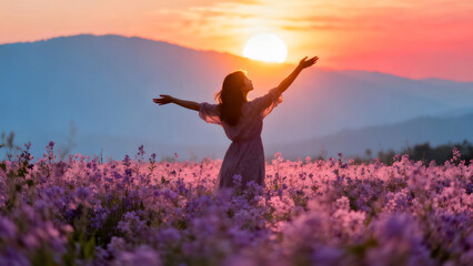 Woman in field with arms raised at sunset