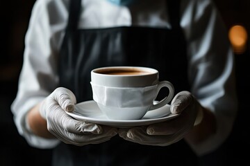 Waiter in medical protective mask serves coffee in a cafe during evening hours