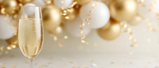 Celebrate joy of Christmas with sparkling glass of champagne against festive background filled with golden balloons and confetti, creating perfect atmosphere for holiday gatherings