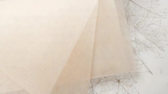 Shifting translucent beige sheets revealing botanical sketch on pale table with frames advancing
